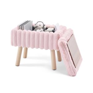 Pink Faux Fur Storage Ottoman with Wood Tray & Hidden Storage – Small Vanity Stool / Footrest / Coffee Table